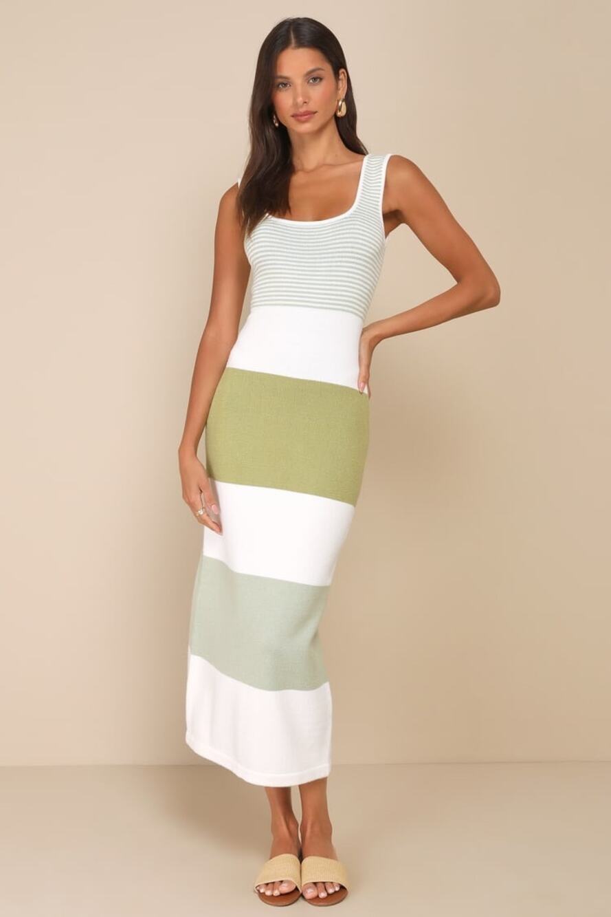 NWT Lulus Easily Gorgeous Ivory and Sage Striped Midi Sweater Dress Casual Sz XL